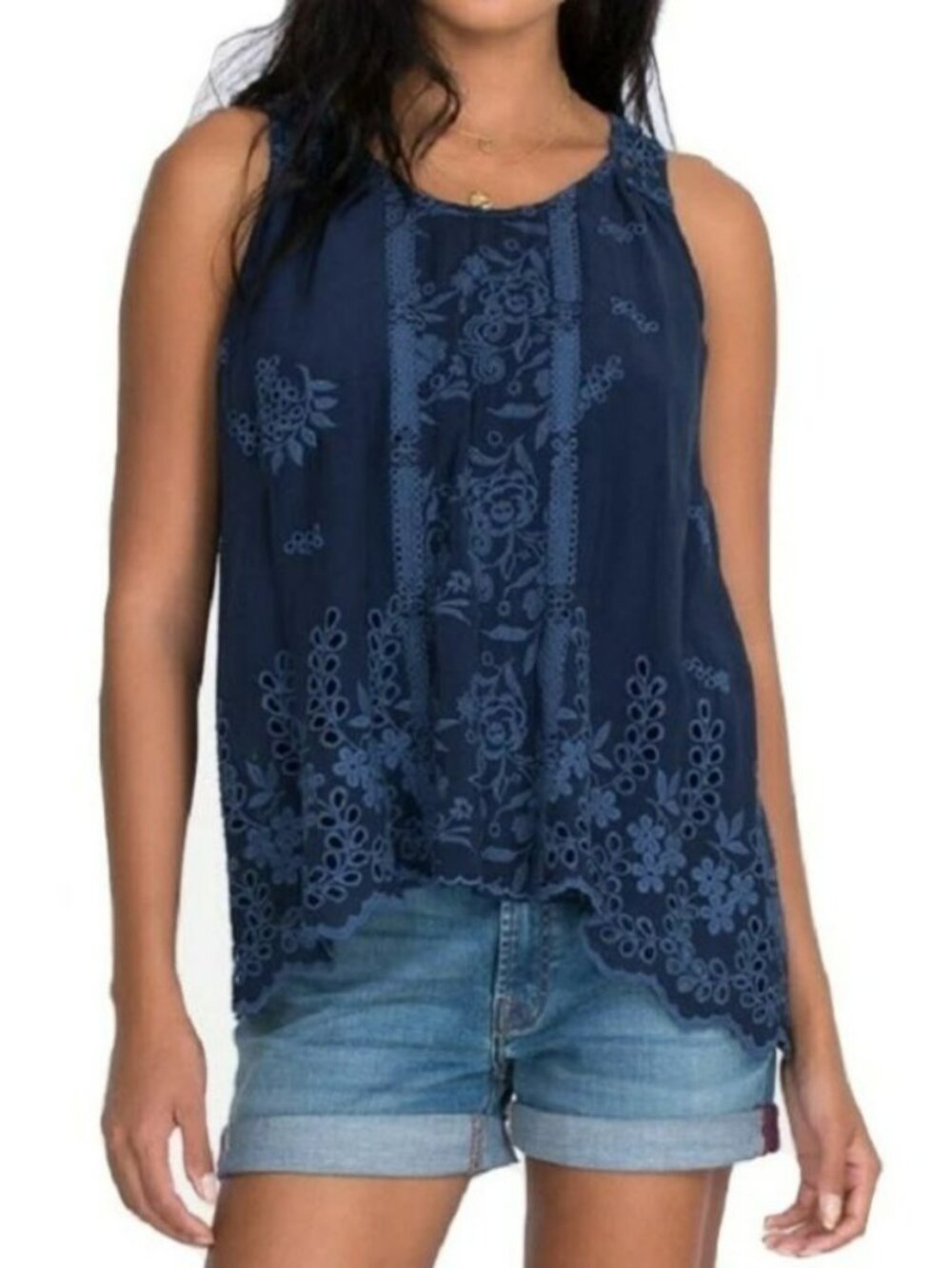 Johnny Was Tunic Embroidered Sleeveless Size XL Boho Blue Floral